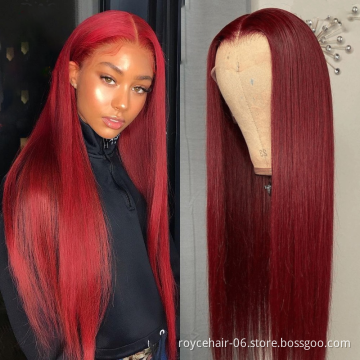 Long 99J Human Hair Wigs, Factory Price Bone Straight Long Hair Wig Supplier, Pre Plucked 13x6 Transparent Lace Front Wig